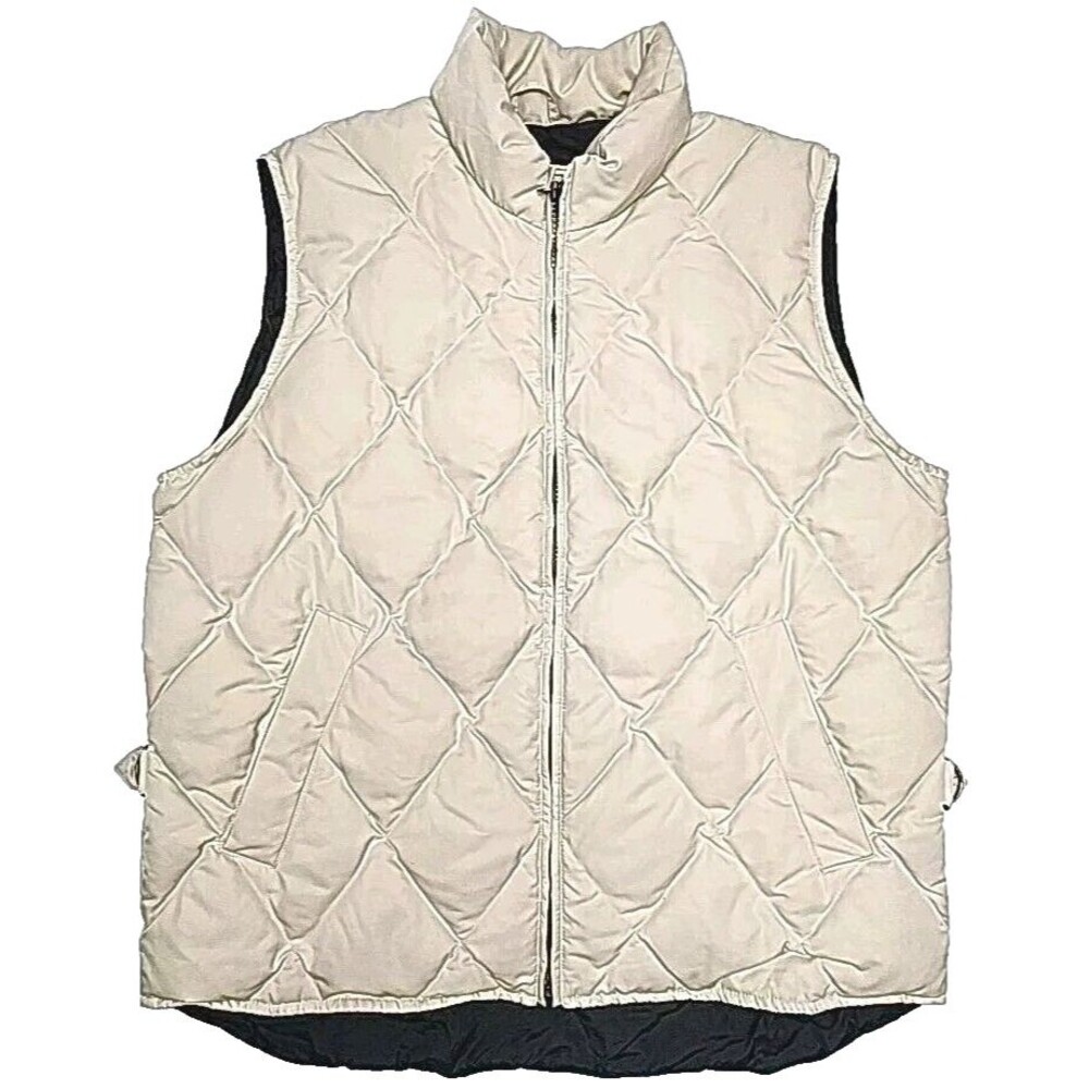 Eddie Bauer Puffer Vest Goose Down Ivory Beige Women Sz Medium Zip Snap Quilt